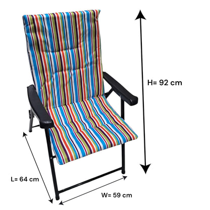 Foldable Camping Chair with Colorful Striped Cushion – Comfortable Outdoor Recliner with Armrests and Strong Steel Frame