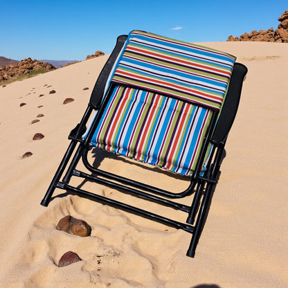 Foldable Camping Chair with Colorful Striped Cushion – Comfortable Outdoor Recliner with Armrests and Strong Steel Frame