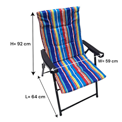 Folding Camping Chair with Blue Red Striped Cushion – Comfortable Outdoor Recliner with Padded Seat, Armrests, and Strong Steel Frame