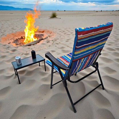 Folding Camping Chair with Blue Red Striped Cushion – Comfortable Outdoor Recliner with Padded Seat, Armrests, and Strong Steel Frame