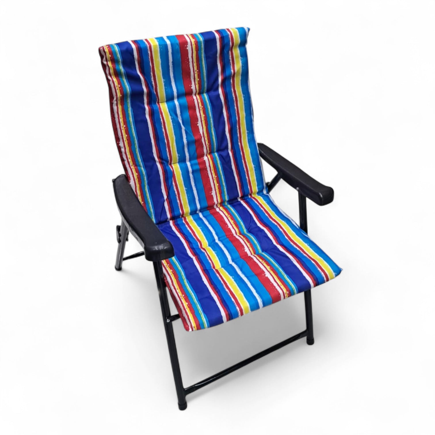 Folding Camping Chair with Blue Red Striped Cushion – Comfortable Outdoor Recliner with Padded Seat, Armrests, and Strong Steel Frame