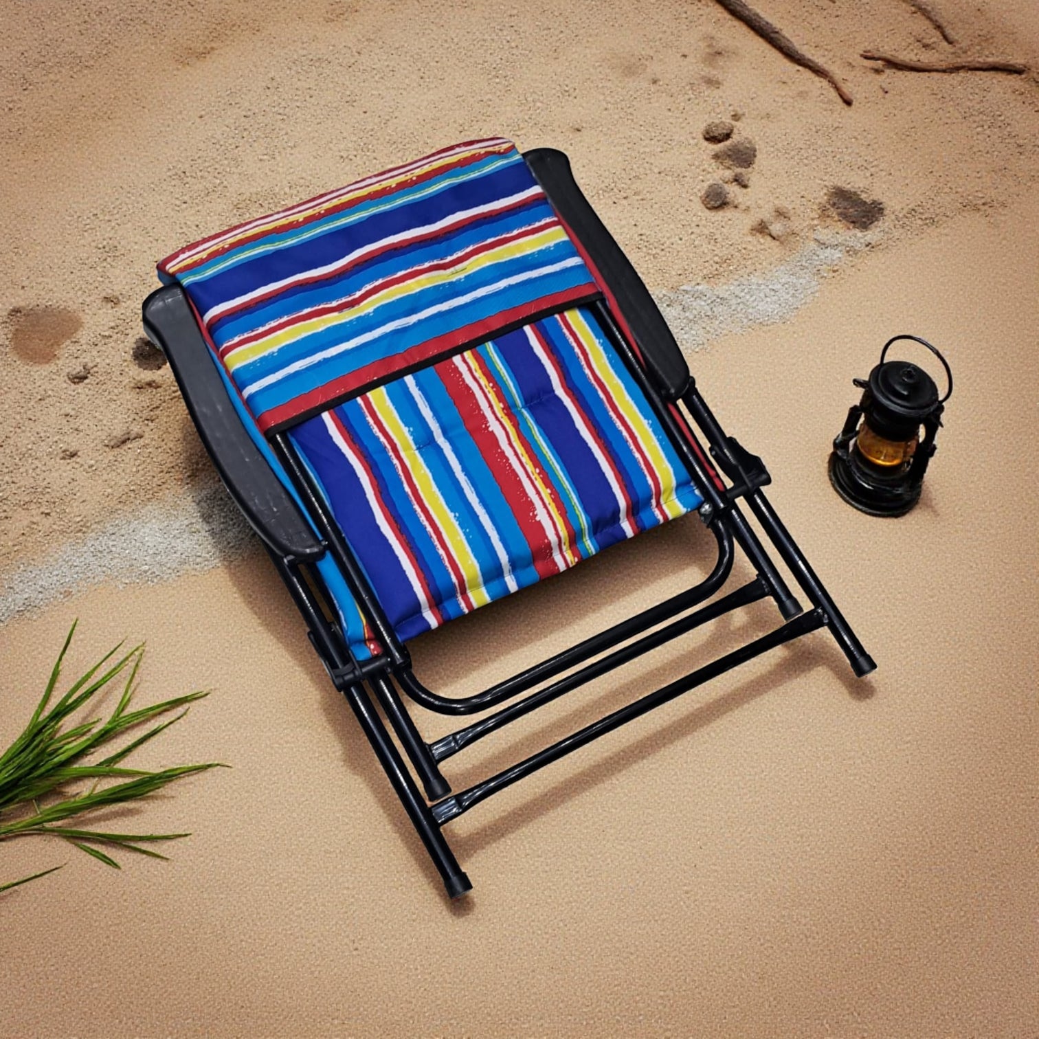 Folding Camping Chair with Blue Red Striped Cushion – Comfortable Outdoor Recliner with Padded Seat, Armrests, and Strong Steel Frame