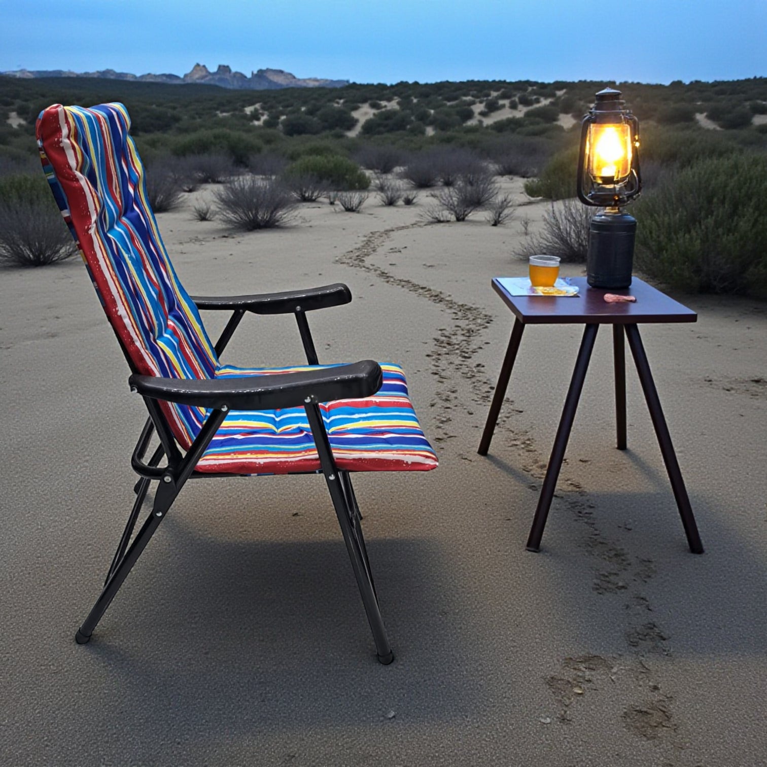 Folding Camping Chair with Blue Red Striped Cushion – Comfortable Outdoor Recliner with Padded Seat, Armrests, and Strong Steel Frame