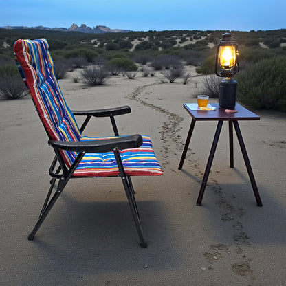 Folding Camping Chair with Blue Red Striped Cushion – Comfortable Outdoor Recliner with Padded Seat, Armrests, and Strong Steel Frame