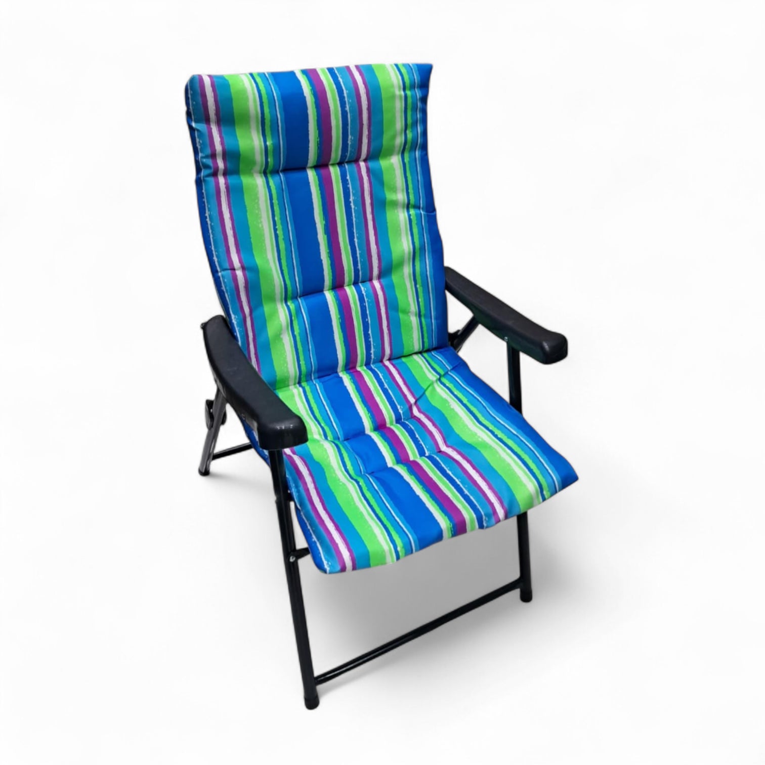 Folding Camping Chair with Blue Green Striped Cushion – Portable Outdoor Recliner with Padded Seat, Armrests, and Heavy-Duty Steel Frame