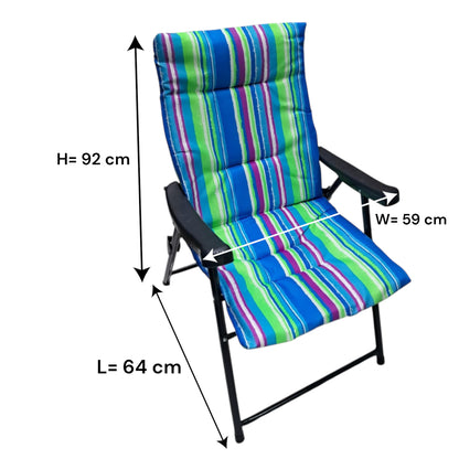 Folding Camping Chair with Blue Green Striped Cushion – Portable Outdoor Recliner with Padded Seat, Armrests, and Heavy-Duty Steel Frame