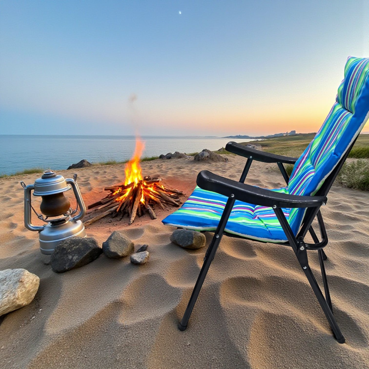 Folding Camping Chair with Blue Green Striped Cushion – Portable Outdoor Recliner with Padded Seat, Armrests, and Heavy-Duty Steel Frame