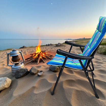 Folding Camping Chair with Blue Green Striped Cushion – Portable Outdoor Recliner with Padded Seat, Armrests, and Heavy-Duty Steel Frame