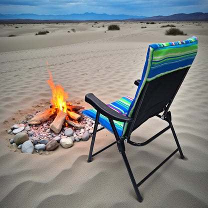 Folding Camping Chair with Blue Green Striped Cushion – Portable Outdoor Recliner with Padded Seat, Armrests, and Heavy-Duty Steel Frame