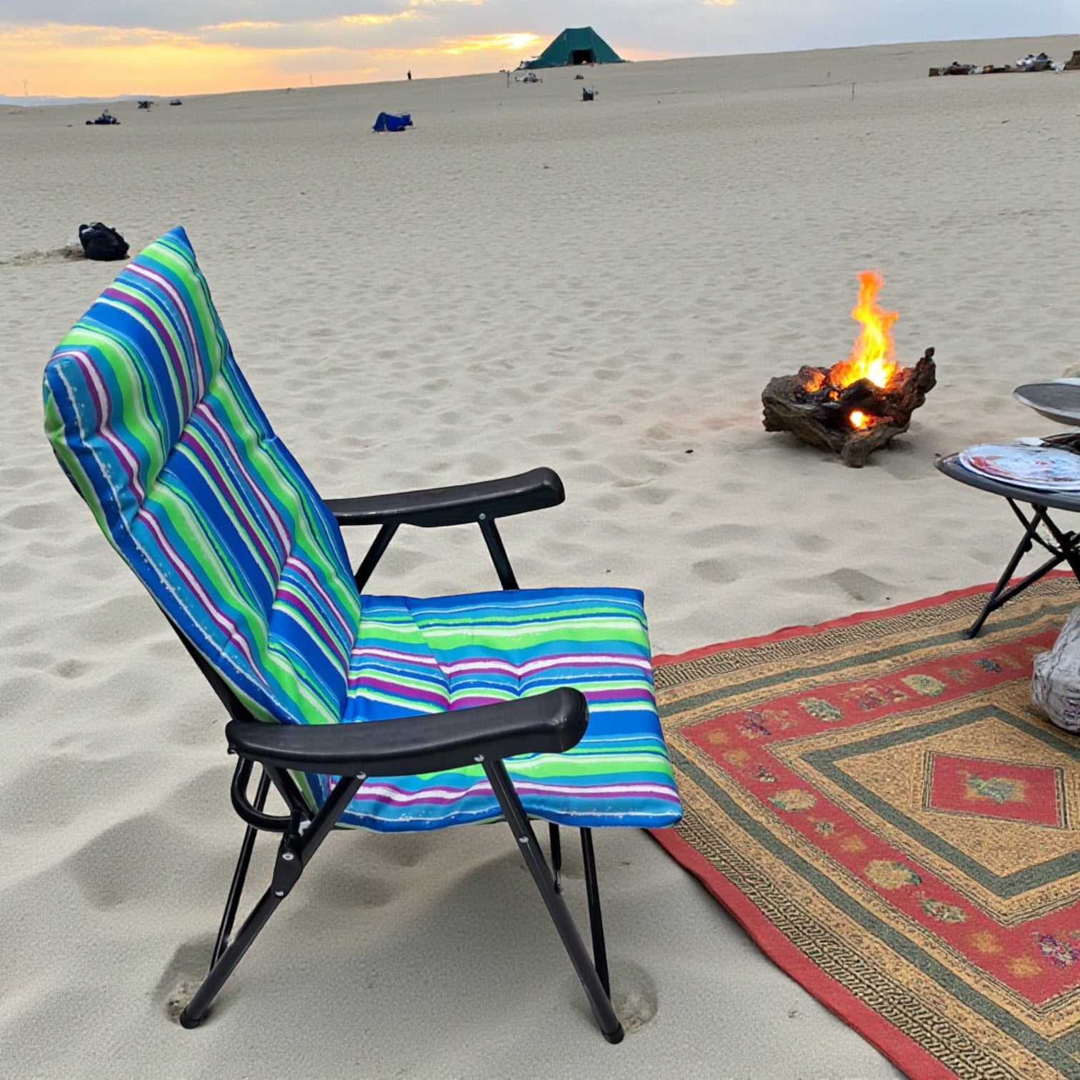 Folding Camping Chair with Blue Green Striped Cushion – Portable Outdoor Recliner with Padded Seat, Armrests, and Heavy-Duty Steel Frame