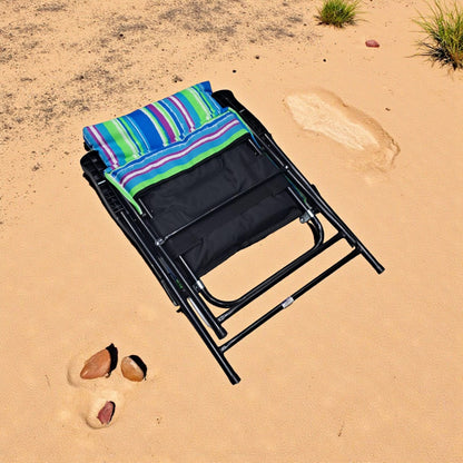 Folding Camping Chair with Blue Green Striped Cushion – Portable Outdoor Recliner with Padded Seat, Armrests, and Heavy-Duty Steel Frame