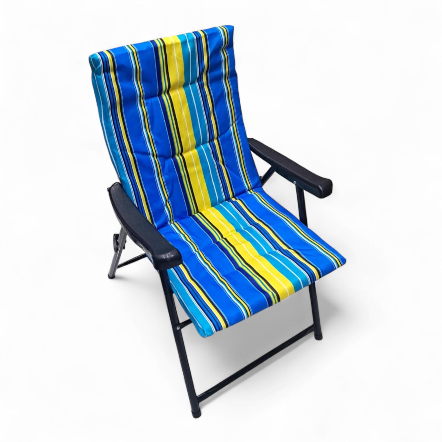 Folding Camping Chair with Blue Yellow Striped Cushion – Comfortable Outdoor Recliner with Padded Seat, Armrests, and Heavy-Duty Steel Frame