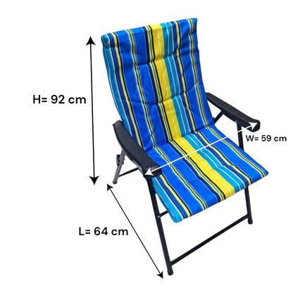 Folding Camping Chair with Blue Yellow Striped Cushion – Comfortable Outdoor Recliner with Padded Seat, Armrests, and Heavy-Duty Steel Frame