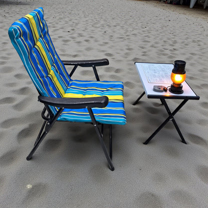Folding Camping Chair with Blue Yellow Striped Cushion – Comfortable Outdoor Recliner with Padded Seat, Armrests, and Heavy-Duty Steel Frame