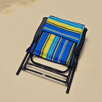 Folding Camping Chair with Blue Yellow Striped Cushion – Comfortable Outdoor Recliner with Padded Seat, Armrests, and Heavy-Duty Steel Frame