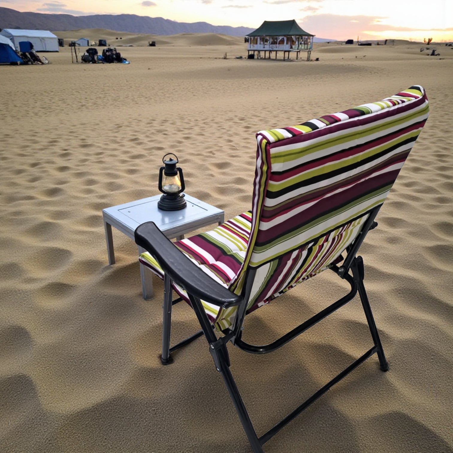Folding Camping Chair with Maroon Green Striped Cushion – Comfortable Outdoor Recliner with Padded Seat, Armrests, and Heavy-Duty Steel Frame