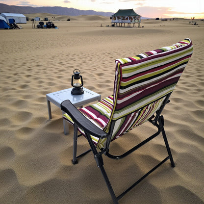 Folding Camping Chair with Maroon Green Striped Cushion – Comfortable Outdoor Recliner with Padded Seat, Armrests, and Heavy-Duty Steel Frame