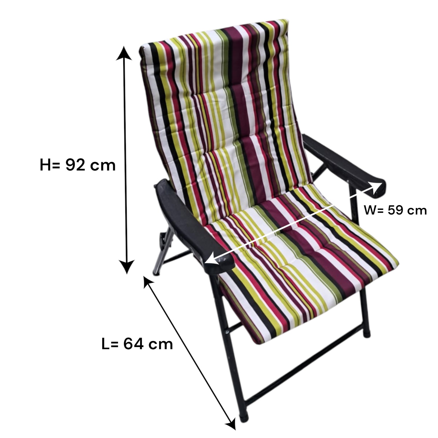 Folding Camping Chair with Maroon Green Striped Cushion – Comfortable Outdoor Recliner with Padded Seat, Armrests, and Heavy-Duty Steel Frame