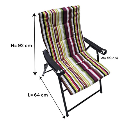 Folding Camping Chair with Maroon Green Striped Cushion – Comfortable Outdoor Recliner with Padded Seat, Armrests, and Heavy-Duty Steel Frame