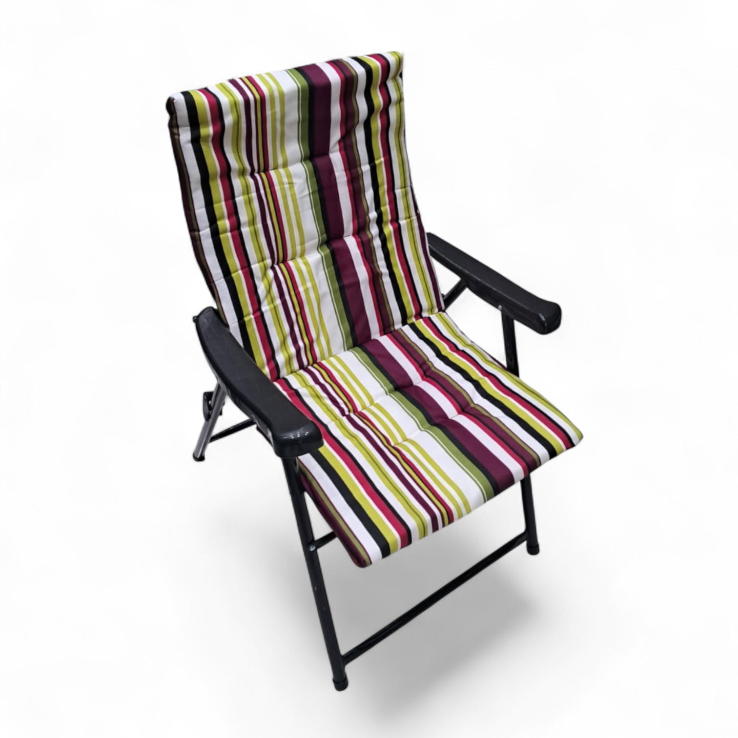 Folding Camping Chair with Maroon Green Striped Cushion – Comfortable Outdoor Recliner with Padded Seat, Armrests, and Heavy-Duty Steel Frame