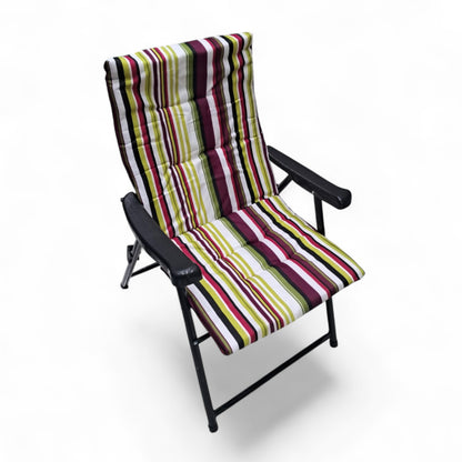 Folding Camping Chair with Maroon Green Striped Cushion – Comfortable Outdoor Recliner with Padded Seat, Armrests, and Heavy-Duty Steel Frame