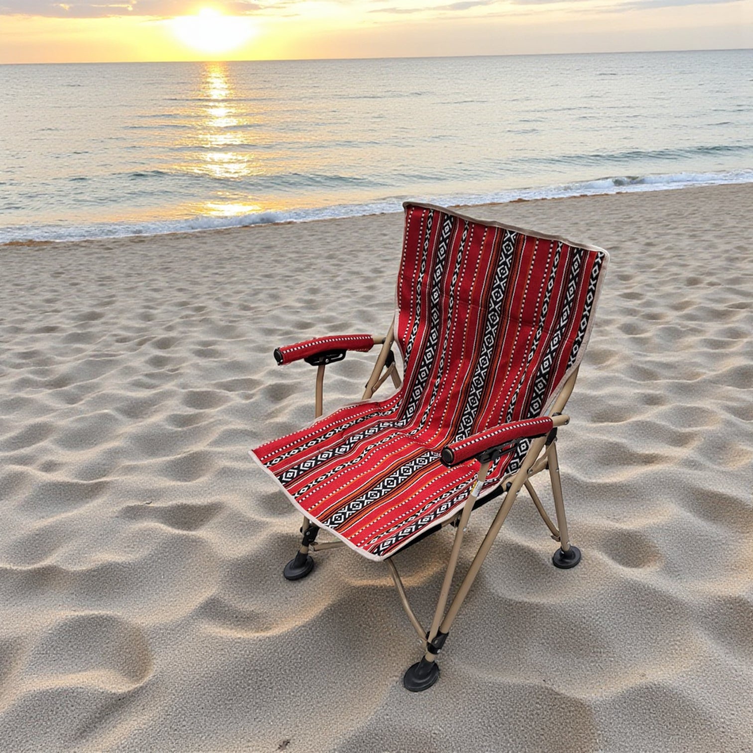 Foldable Heritage Sadu Camping Chair – Traditional Red Arab Design with Cup Holder & Armrests – Heavy-Duty Portable Outdoor Chair for Desert, Beach, BBQ, Travel, Fishing, Picnic & Majlis