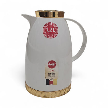 Emsa Thermos 1.2L – Elegant White & Gold Vacuum Flask with Heat Retention, Leakproof Lid, and Classic European Design for Coffee, Tea & Hospitality Serving - Damoo