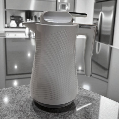 Modern Insulated Thermos Jug  – Premium Double Wall Vacuum Flask with Elegant Curved Handle, Heat & Cold Retention Design, Leakproof Lid, and Textured Finish for Home, Office & Serving - Damoo