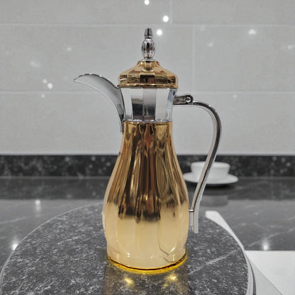 Luxury Gold & Silver Arabic Dallah Thermos 1.0L – Elegant Double-Wall Insulated Coffee & Tea Flask with Chrome Handle and Lid, Premium Heat Retention, Ideal for Majlis, Ramadan & Home Use - Damoo