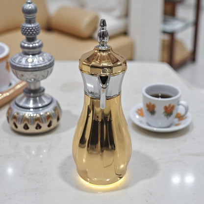 Luxury Gold & Silver Arabic Dallah Thermos 1.0L – Elegant Double-Wall Insulated Coffee & Tea Flask with Chrome Handle and Lid, Premium Heat Retention, Ideal for Majlis, Ramadan & Home Use - Damoo