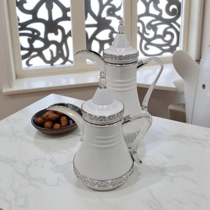 Fursan Premium White Thermos Set 2-Piece – Elegant Double-Wall Insulated Coffee & Tea Flasks with Silver Crystal Accents, Durable Vacuum Design for Long Heat Retention, Perfect for Majlis, Home & Gifting - Damoo