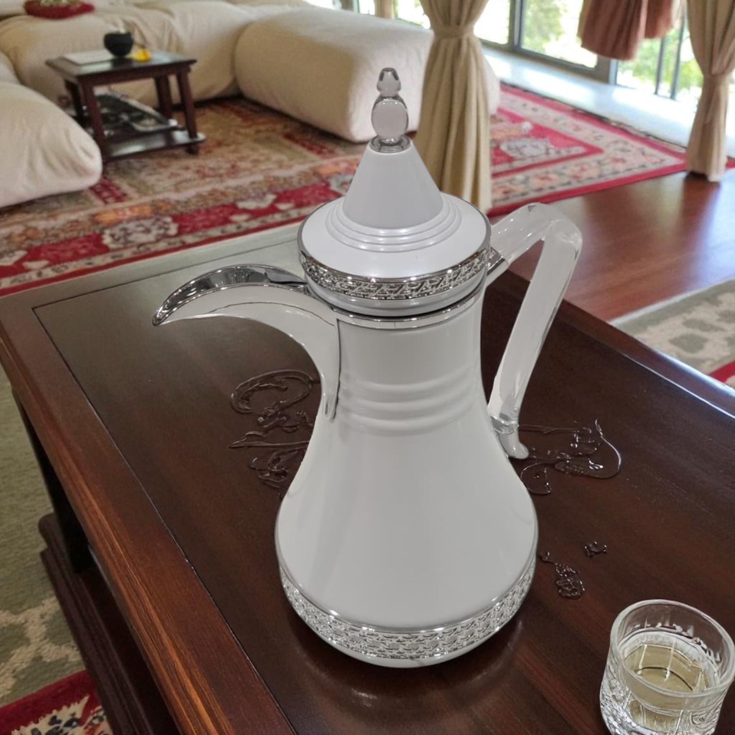 Fursan Premium White Thermos Set 2-Piece – Elegant Double-Wall Insulated Coffee & Tea Flasks with Silver Crystal Accents, Durable Vacuum Design for Long Heat Retention, Perfect for Majlis, Home & Gifting - Damoo