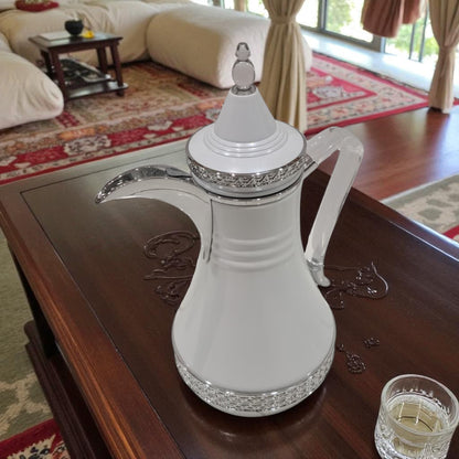 Fursan Premium White Thermos Set 2-Piece – Elegant Double-Wall Insulated Coffee & Tea Flasks with Silver Crystal Accents, Durable Vacuum Design for Long Heat Retention, Perfect for Majlis, Home & Gifting - Damoo