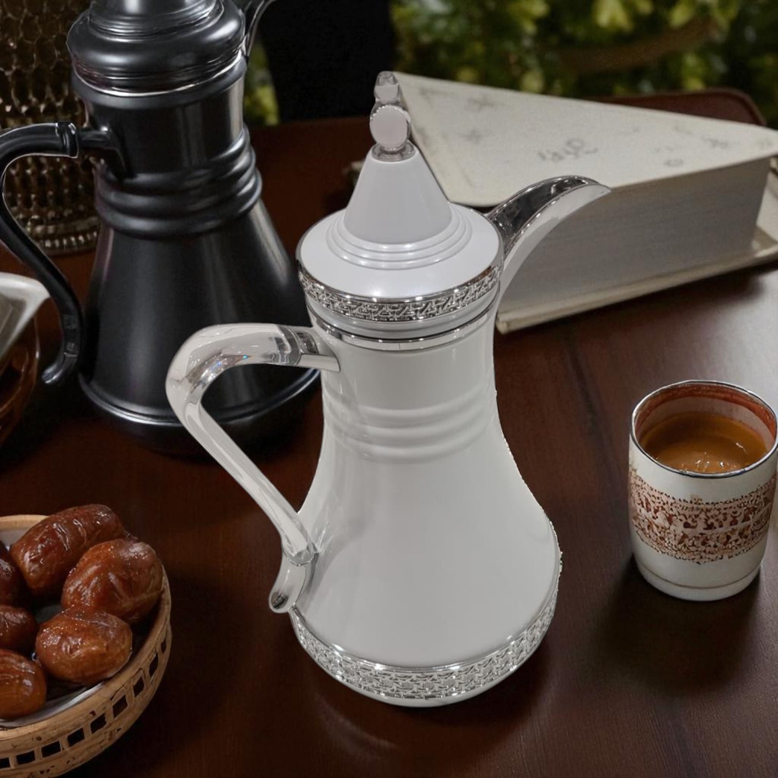 Fursan Premium White Thermos Set 2-Piece – Elegant Double-Wall Insulated Coffee & Tea Flasks with Silver Crystal Accents, Durable Vacuum Design for Long Heat Retention, Perfect for Majlis, Home & Gifting - Damoo