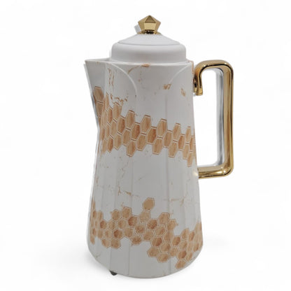 HAMID  Vacuum Flask – Luxury Honeycomb Pattern Thermal Jug with Golden Lid & Handle | Elegant Insulated Coffee & Tea Pot, Double-Wall Heat Retention for Home, Office & Gifting - Damoo
