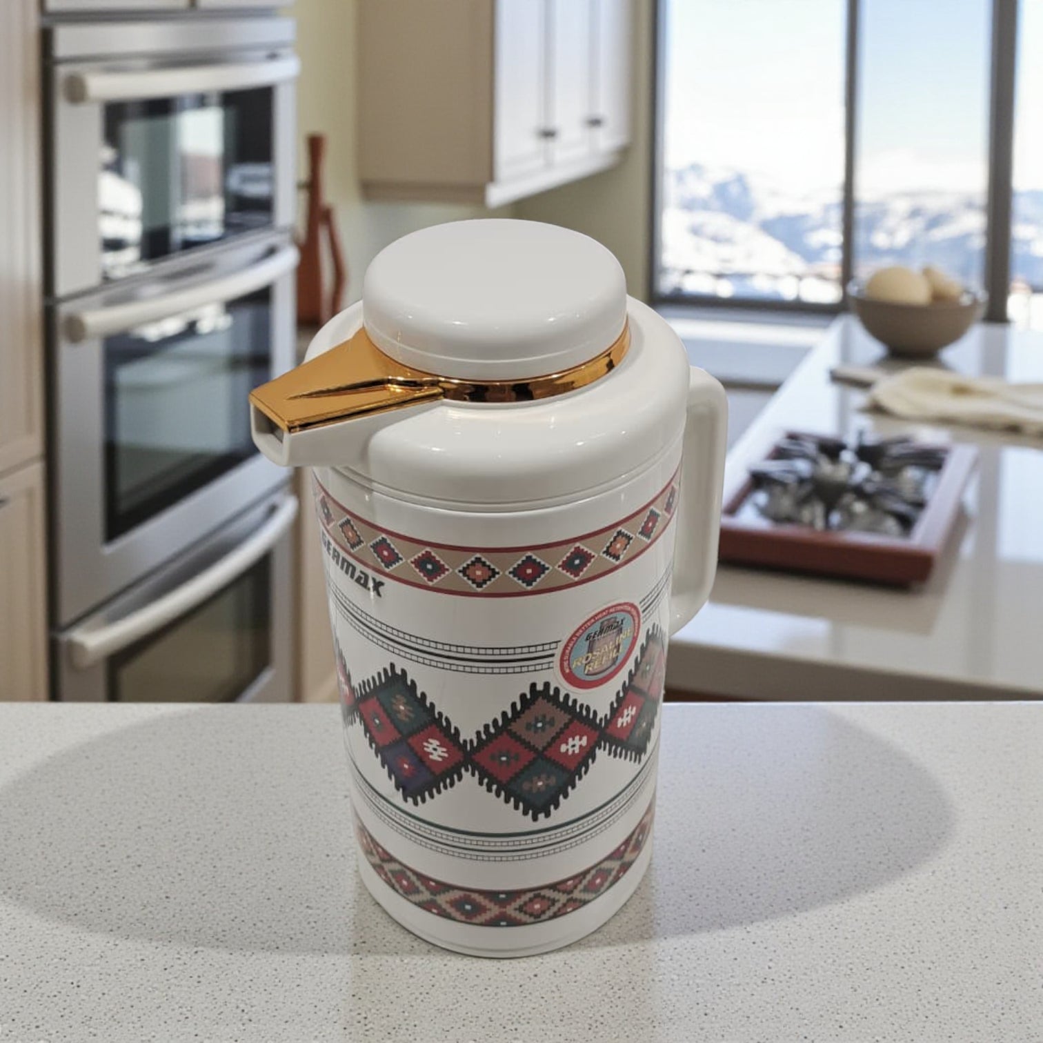 GERMAX 1 Liter Rosaline Vacuum Flask – Arabic Pattern Thermal Jug with Golden Lid | Double-Wall Insulated Coffee & Tea Pot, Elegant Hot & Cold Beverage Dispenser - Damoo
