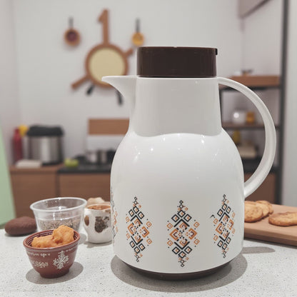 Vacuum Flask – White & Brown Insulated Jug with Glass Liner, Durable Plastic Body, Leak-Resistant Design, and Elegant Patterned Finish for Hot and Cold Drinks
