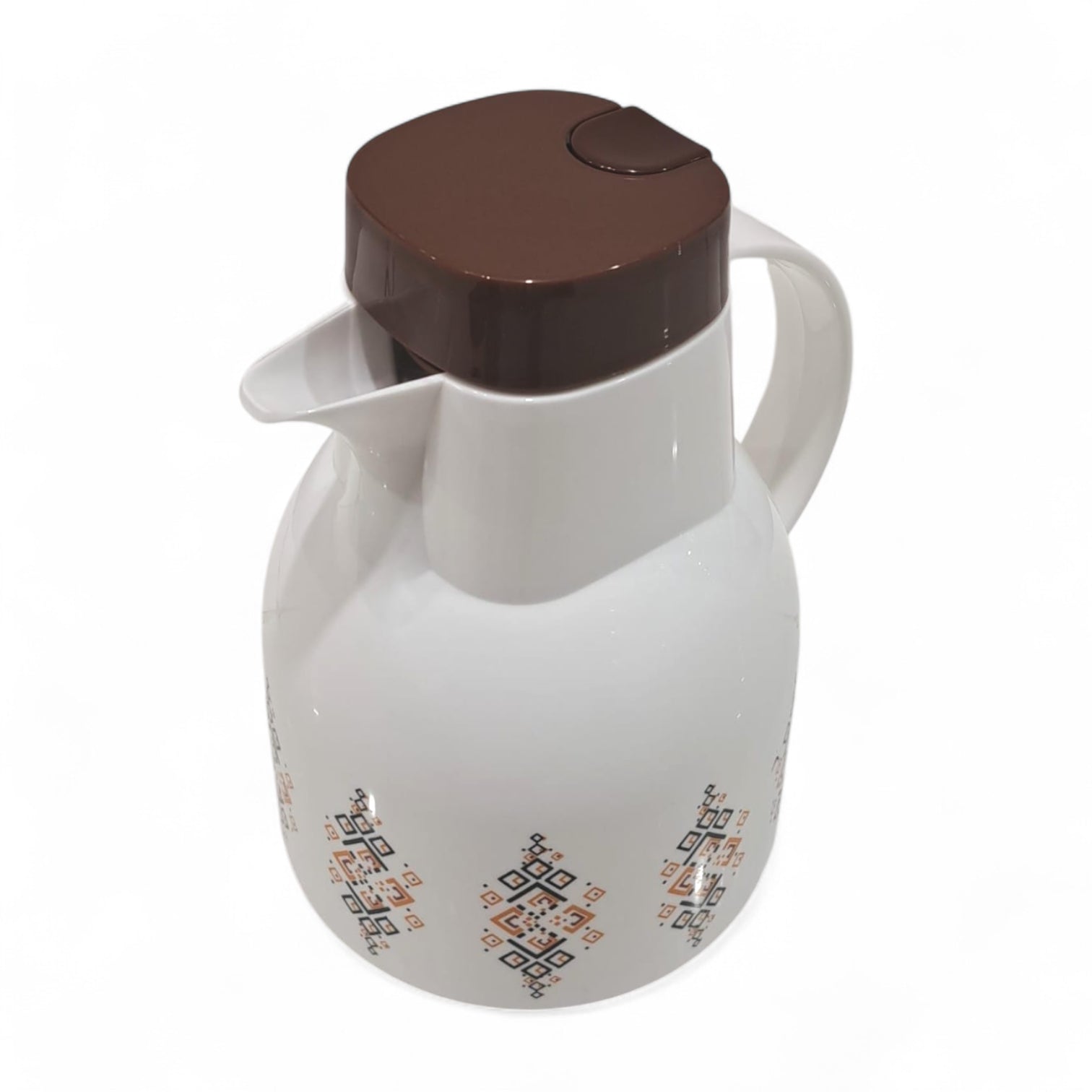 Vacuum Flask – White & Brown Insulated Jug with Glass Liner, Durable Plastic Body, Leak-Resistant Design, and Elegant Patterned Finish for Hot and Cold Drinks