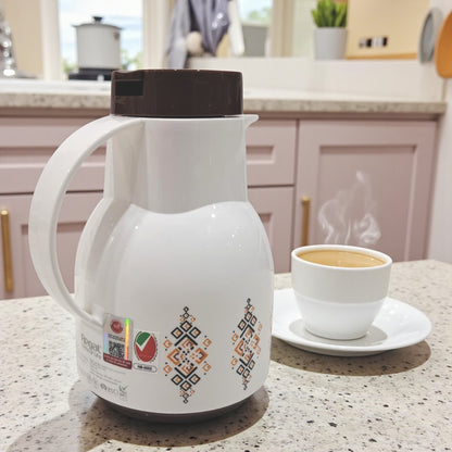 Vacuum Flask – White & Brown Insulated Jug with Glass Liner, Durable Plastic Body, Leak-Resistant Design, and Elegant Patterned Finish for Hot and Cold Drinks
