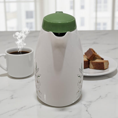 Regal Vacuum Flask 1.5L – White & Green Insulated Jug with Floral Design, Double-Wall Glass Liner, Leak-Resistant Lid & Ergonomic Handle for Hot and Cold Beverages
