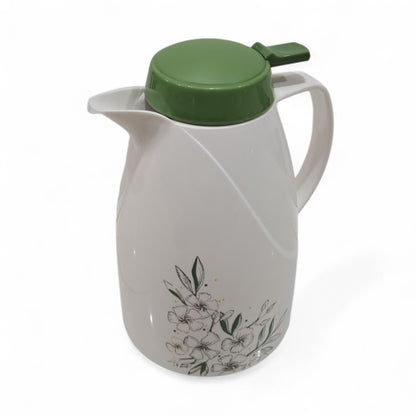 Regal Vacuum Flask 1.5L – White & Green Insulated Jug with Floral Design, Double-Wall Glass Liner, Leak-Resistant Lid & Ergonomic Handle for Hot and Cold Beverages