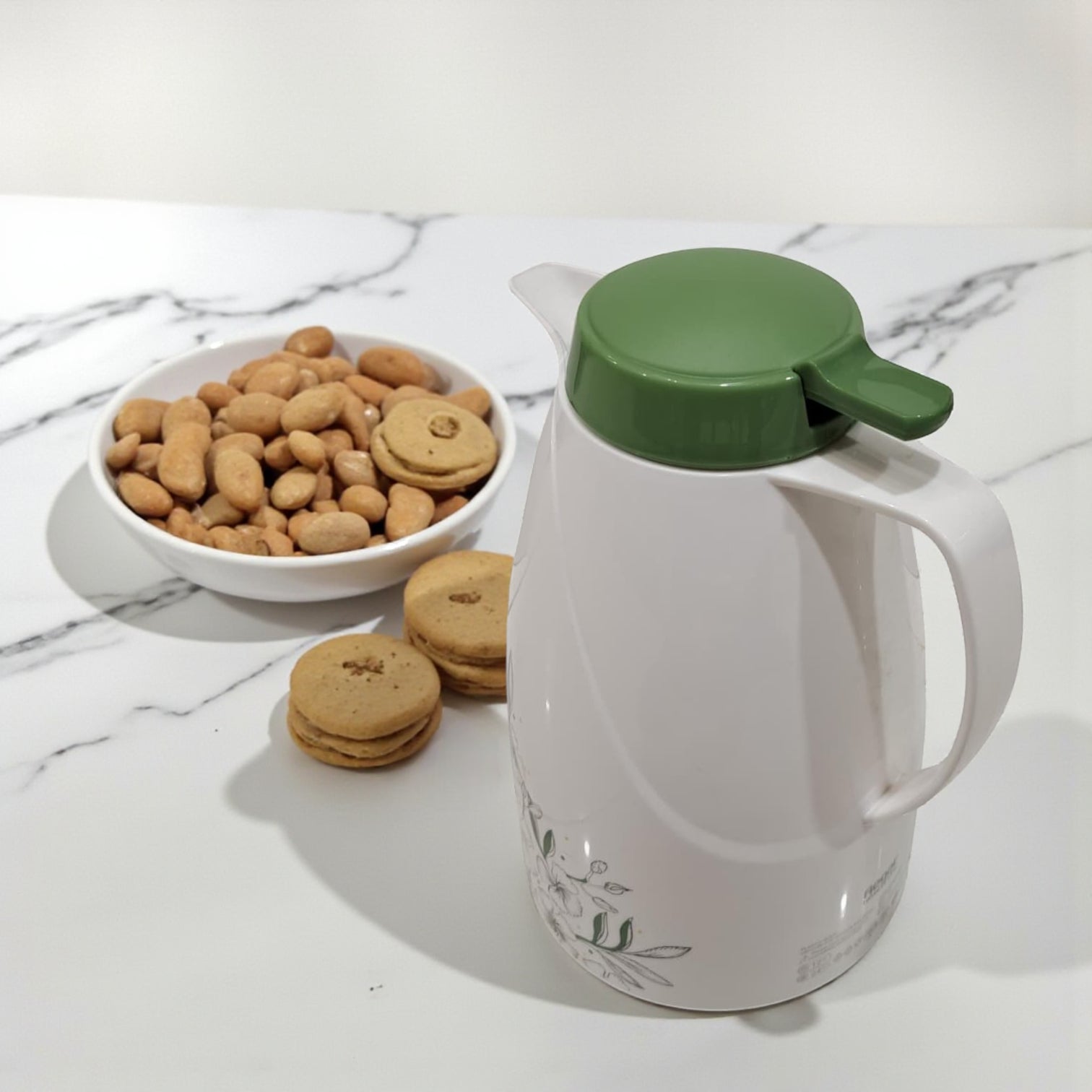 Regal Vacuum Flask 1.5L – White & Green Insulated Jug with Floral Design, Double-Wall Glass Liner, Leak-Resistant Lid & Ergonomic Handle for Hot and Cold Beverages