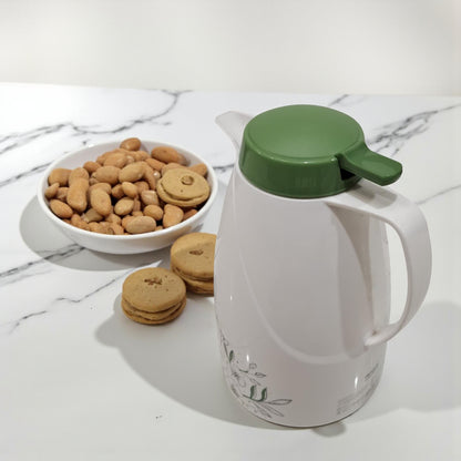 Regal Vacuum Flask 1.5L – White & Green Insulated Jug with Floral Design, Double-Wall Glass Liner, Leak-Resistant Lid & Ergonomic Handle for Hot and Cold Beverages
