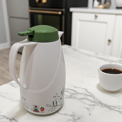 Regal Vacuum Flask 1.5L – White & Green Insulated Jug with Floral Design, Double-Wall Glass Liner, Leak-Resistant Lid & Ergonomic Handle for Hot and Cold Beverages