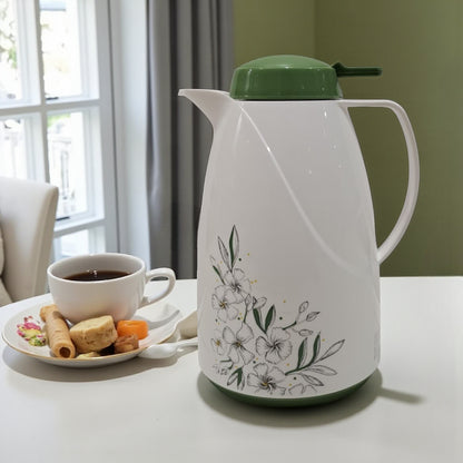 Regal Vacuum Flask 1.5L – White & Green Insulated Jug with Floral Design, Double-Wall Glass Liner, Leak-Resistant Lid & Ergonomic Handle for Hot and Cold Beverages
