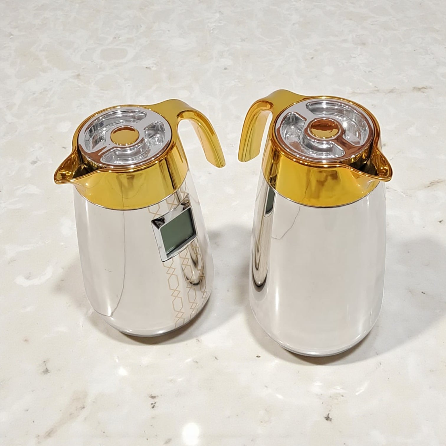 Palermo Temperature Thermos Dallah FL-333 – Pack of 2 Jugs (1.0L + 0.7L) | Smart Temperature Display Coffee & Tea Flask Set | Gold & Silver Vacuum Insulated Thermos - Damoo