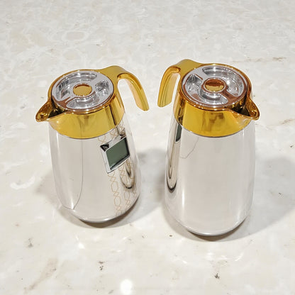 Palermo Temperature Thermos Dallah FL-333 – Pack of 2 Jugs (1.0L + 0.7L) | Smart Temperature Display Coffee & Tea Flask Set | Gold & Silver Vacuum Insulated Thermos - Damoo