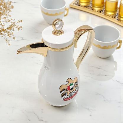 Pilsco UAE Emblem Vacuum Jug Set – Pack of 2 (1.0L + 0.7L) | Elegant Gold Handle Arabic Dallah Style Thermal Flask | Double Wall Insulated Coffee & Tea Jugs - Damoo