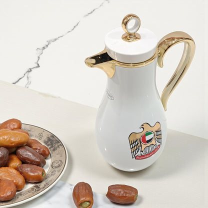 Pilsco UAE Emblem Vacuum Jug Set – Pack of 2 (1.0L + 0.7L) | Elegant Gold Handle Arabic Dallah Style Thermal Flask | Double Wall Insulated Coffee & Tea Jugs - Damoo