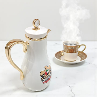 Pilsco UAE Emblem Vacuum Jug Set – Pack of 2 (1.0L + 0.7L) | Elegant Gold Handle Arabic Dallah Style Thermal Flask | Double Wall Insulated Coffee & Tea Jugs - Damoo